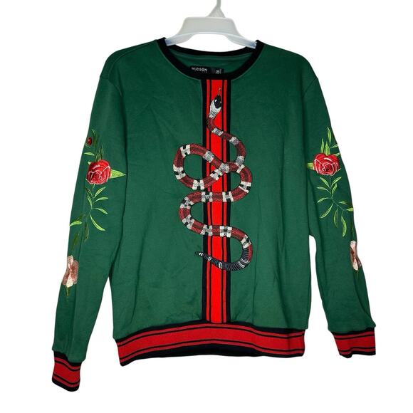 Hudson Outerwear Embroidered Snake Floral Sweatshirt Green Medium - Picture 1 of 8